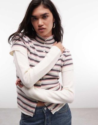 Daisy Street top in maglia a doppio strato con collo alto e bottoni, a righe multicolore-Rosa