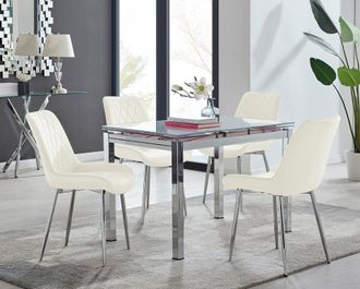 Furniturebox Enna White Glass Extending 4-6 Seater Dining Table & 4 Pesaro Soft Velvet Chairs in Cream