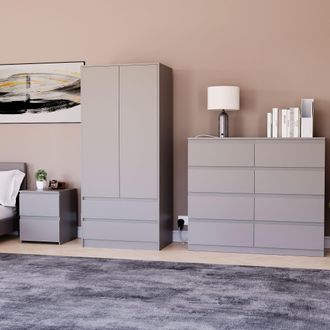 Home Discount Vida Designs Denver Bedroom Set (2 Dr Bedside, 8 Dr Chest, Wardrobe) in Grey