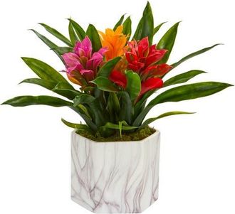 Nearly Natural Bromeliad Artificial Plant in Marble Finished Vase in Assorted at Nordstrom