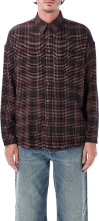 Sunflower Stable Pink Black Check Slub Wool-Blend Curved Hem Shirt
