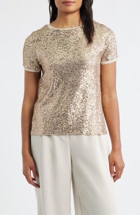 Anne Klein Short Sleeve Sequin Mesh Top in Luxe Champagne at Nordstrom, Size X-Large