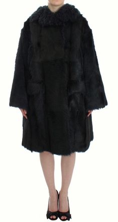 Dolce & Gabbana Womens Black Goat Fur Shearling Long Jacket Coat Goatskin Clothing