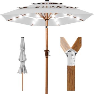 Best Choice Products Woodgrain Pattern 10ft 3-Tier Solar Patio Umbrella w/ 24 LED Lights, Tilt