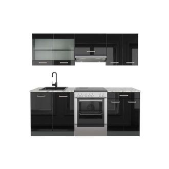 Vicco Mueble De Cocina R-line, Negro/antracita De Alto Brillo, 200 Cm, Et M&aacute;rmol