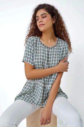 Roman Abstract Print Sequin Peplum Top