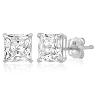 MAX + STONE 14k Yellow or White Gold Princess Cut Cubic Zirconia Stud Earrings 4MM to 7MM