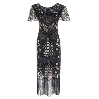 Generic Gatsby 1920s Flapper Dress Women Vintage Sequin Fringe Beaded Art Deco Fancy Dress with Sleeve for Party Prom Gold