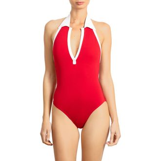 Robin Piccone Tierna Collared One-Piece Swimsuit in Peony/White at Nordstrom Rack, Size 12