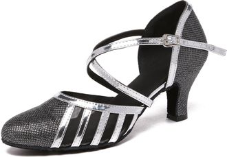 Minitoo Womens Latin Salsa T-Strap Closed Toe Synthetic Ballroom Dance Shoes Evening Wedding Pumps L2044 Black 6cm Heel UK 6.5