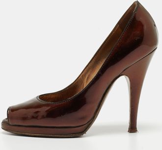 Roberto Cavalli Metallic Gold Patent Leather Peep Toe Pumps