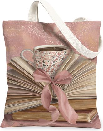Generic Vintage Artistic Canvas Tote Bag, Book and Coffee Design Reusable Grocery Bags, Lightweight Washable Shoulder Strap Tote Fo, Peach, 13x15 Inch