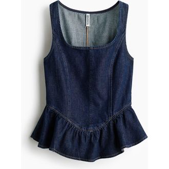 H&M Denim Peplum Top in Dark Denim Blue at Nordstrom, Size Xx-Small