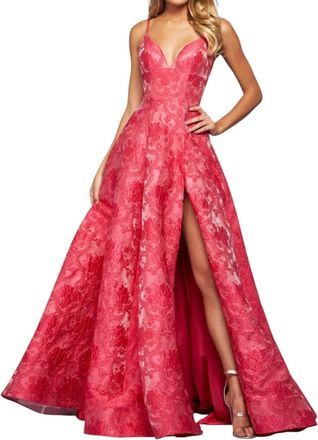 Sherri Hill High Slit Lace-Up Prom Dress In Fuchsia