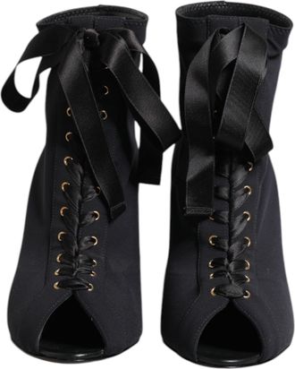 Dolce & Gabbana Black Stiletto Heels Lace Up Boots Womens Shoes