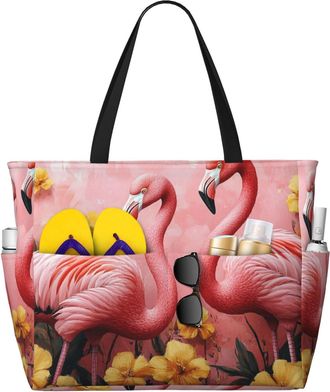 Generic Pink Flamingo Print Large Beach Bag Foldable Travel Shoulder Tote Bag With Pocket For Weekender Pool Vacation