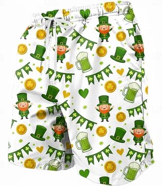 Generic Swimming Trunks Men Saint Patricks Day Three Leaf Print Elastic Waistband Shorts with Drawstring and Pockets Komfort Flexible Summer Beach Pool Party 