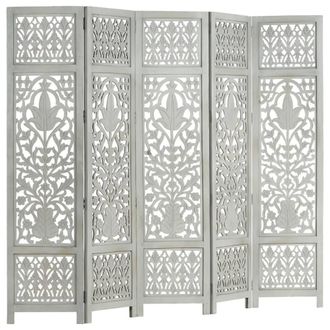 Berkfield Home Hand Carved 5-Panel Room Divider Grey 200x165 cm Solid Mango Wood