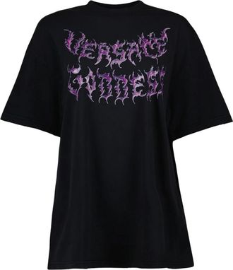 Versace Goddess Print Oversized T-shirt met korte mouwen - Dames - T-shirts - Zwart - S - Katoen - Tops