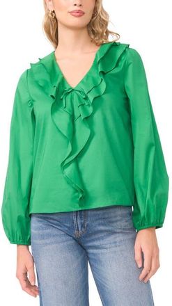 Vince Camuto Double Ruffle Long Sleeve Cotton Top in Field Green at Nordstrom, Size Medium