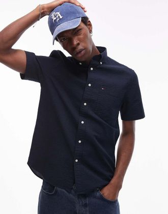 Tommy Hilfiger Camicia a maniche corte in seersucker blu navy