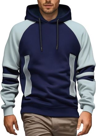 Generic Mens Hoodie Pullover Sweatshirt UK Long Sleeve Fleece Color Block Patchwork Hoodies Thermal Hoodies Men Dark Blue Hoodie Suitable for Autumn Winter Sp