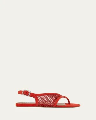 Alaia Fishnet Suede Flat Thong Sandals