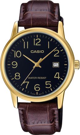 Casio Mens Gold Watch with Black Dial and Brown Leather Band - MTP-V002GL-1BUDF