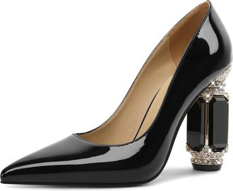 EDEFS Womens Chunky Heel Pumps Rhinestone Block Heel with Sparkling Crystal 3.5 Inch High Slip On Court Shoes for Wedding Party Dress Shoes Patent Leather B