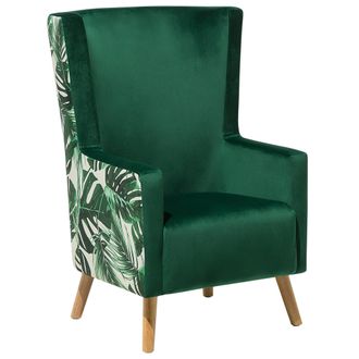 Beliani Beliani - Sill&oacute;n Orejero Tapizado En Terciopelo Verde Blanco Patr&oacute;n De Jungla Respaldo Alto Patas De Madera Oneida
