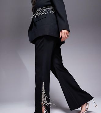 Asos Curve - Pantaloni a zampa neri con frange di strass in coordinato-Nero