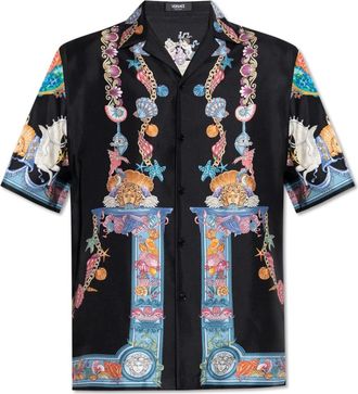 Versace Overhemden, Heren, Zwart, S, Zijden shirt met Coral Theatre print