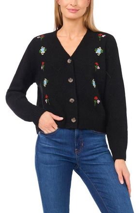 CeCe by Cynthia Steffe Floral Embroidered Pointelle Stitch Cardigan in Rich Black at Nordstrom, Size Xx-Small