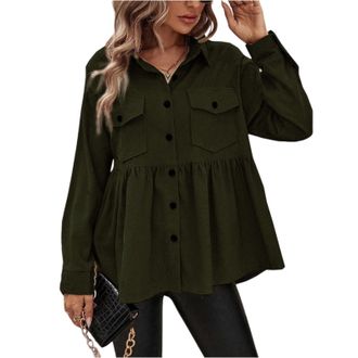 Generic Womens Corduroy Peplum Shirts Jackets Fall Casual Long Sleeve Button Down Ruffle Babydoll Blouse Shacket Top With Pocket Plus Size Coat(Dark Green,5XL