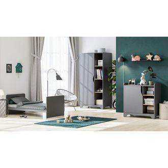 Vox Dormitorio completo cuna evolutiva paneles de melamina gris y madera
