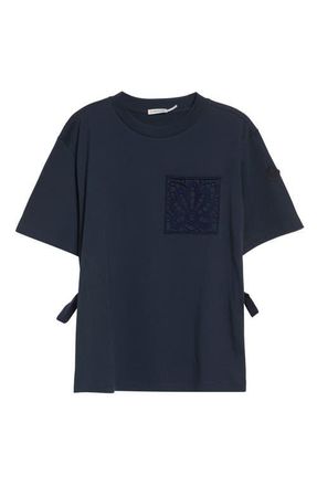 Moncler Lace Trim Cotton T-Shirt in Navy Blue at Nordstrom, Size Xx-Large