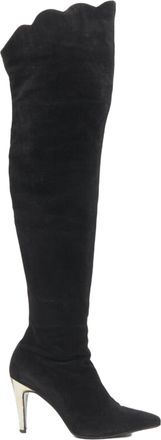 Versace Gianni Versace black suede scalloped topline gold heel knee high boot EU37