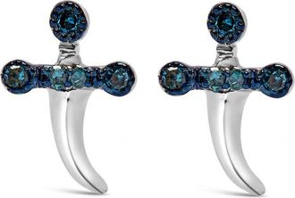 House of Brilliance 925 Sterling Silver Blue Diamond Accent Knife Earrings (Blue Color, SI1-SI2 Clarity)