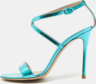 Gianvito Rossi Metallic Blue Leather Cross Ankle Strap Sandals