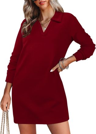Generic Womens Fall Sweater Dress,V Neck Long Sleeve Sweater Fashion Pullover Dress, Womens Fall Dresses (Burgundy,2XL)