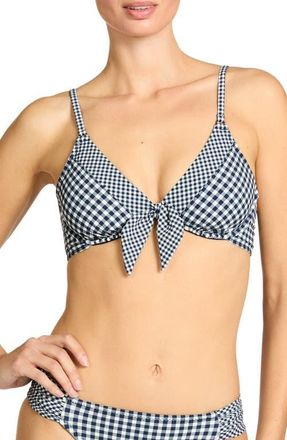 Robin Piccone Brigitte Tie Front Underwire Bikini Top in Navy/Cream at Nordstrom, Size X-Small