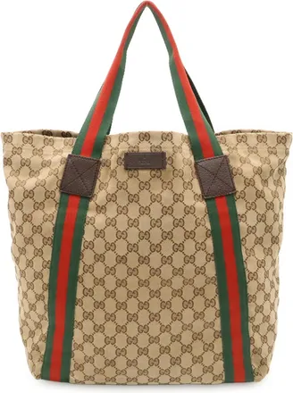 Gucci Beige Green Khaki Red Color Canvas Leather Shoulder Bag Tote Bag (Pre-Owned)