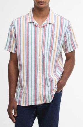 Barbour Summerfit Waterbay Stripe Linen & Cotton Camp Shirt in White at Nordstrom, Size Xx-Large