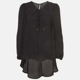 Elisabetta Franchi Black Crepe Lace-Up Neck Camicia Blouse