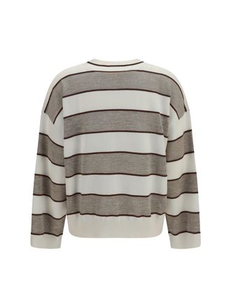 Brunello Cucinelli Womens Striped Long-Sleeve Sweater Panama+cioccolato+beige