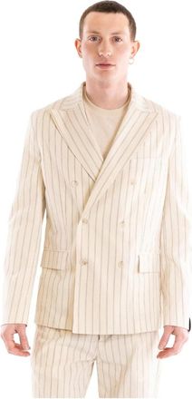 Paolo Pecora Gestreepte Double-breasted Jas - Heren - Blazers - Beige - M - Katoen - Jassen