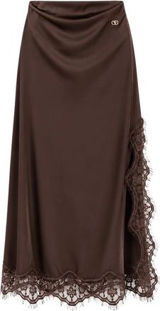 Yes-Zee Midi rok met kanten inzetstukken - Dames - Midirokken - Bruin - XS - Polyester - Rokken