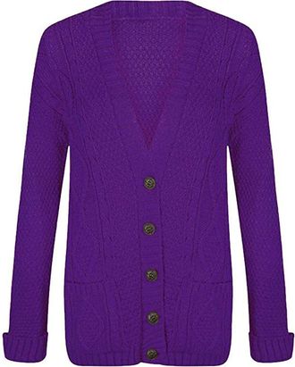 Purple Hanger New Womens Everyday Long Sleeve Button Top Ladies Chunky Aran Cable Knit Grandad Cardigan (UK, Numeric, 18, 20, Regular, Regular, Purple)