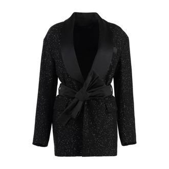 Max Mara Belted Coats, female, Black, Size: XS Sequin Shawl Collar Blazer with Sash