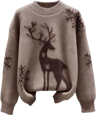 Generic Stylish Deer Pattern Knit Pullover Sweater Cozy Loose Fit Crewneck Casual Top Soft Yarn Fashion Winter Fall Tunic Garment